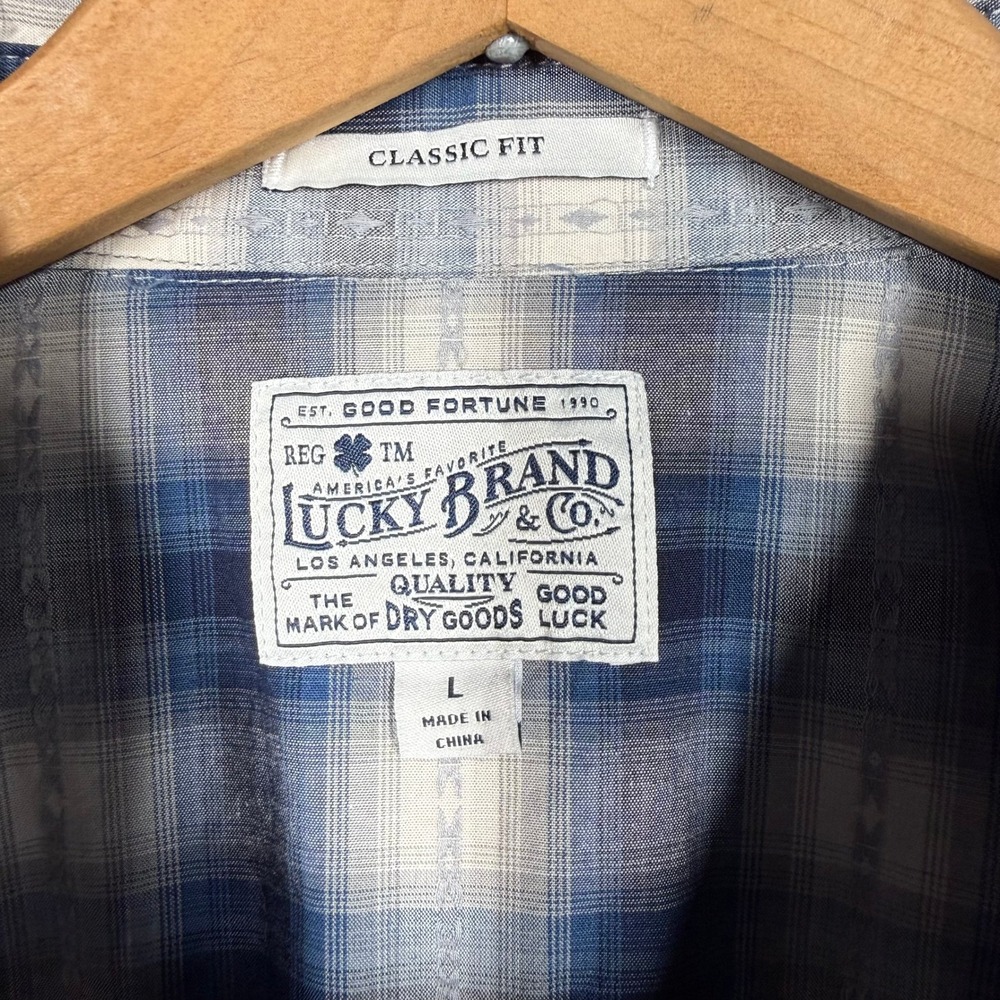 Lucky Brand Mens Pearl Snap Blue White Plaid Western Button Shirt Classic Fit L - Picture 3 of 10